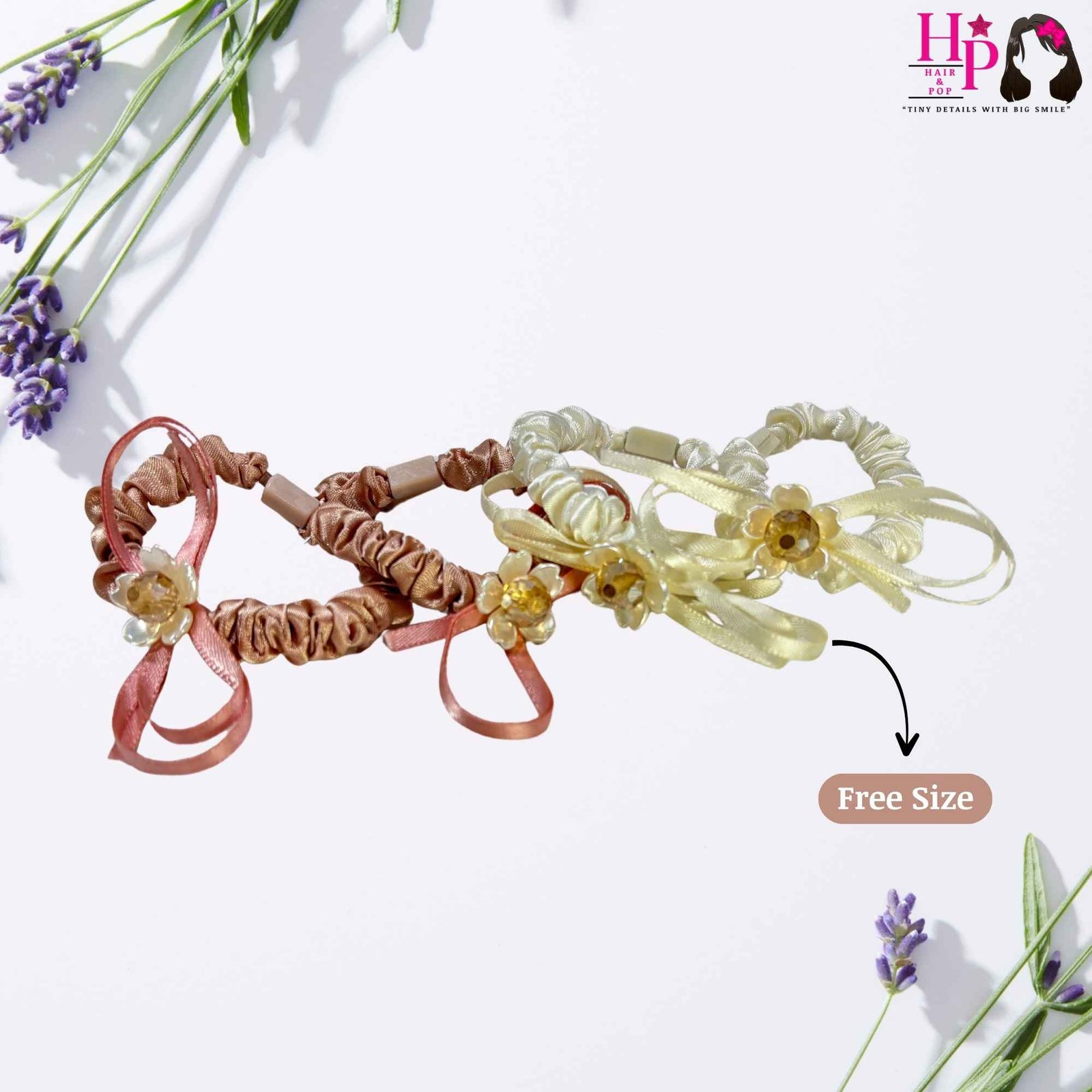 Nude Pink and Off White with Crystal Stone Skinny Hair Tie