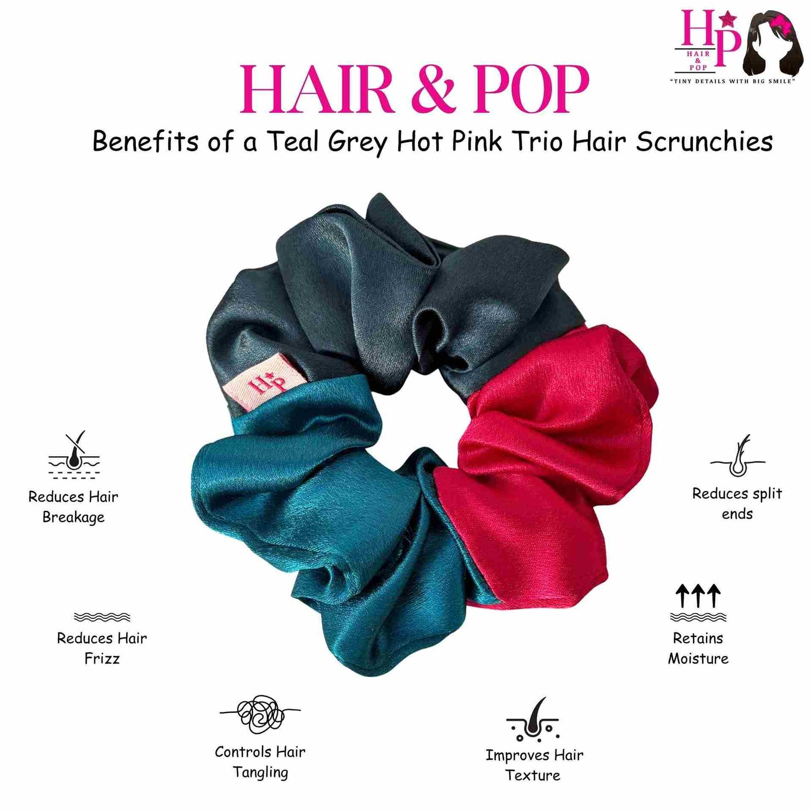 Teal Grey Hot-Pink Trio Hair Scrunchies